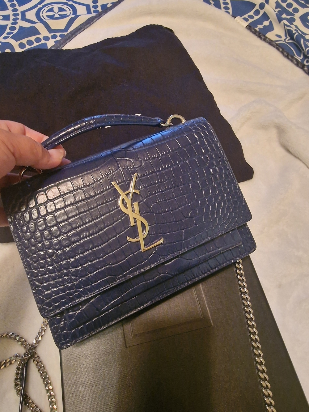 Yves Saint Laurent Navy Croc-Embossed Leather Top-Handle Bag